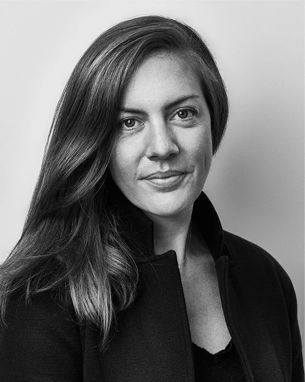 A black and white portrait of Amanda Cleary