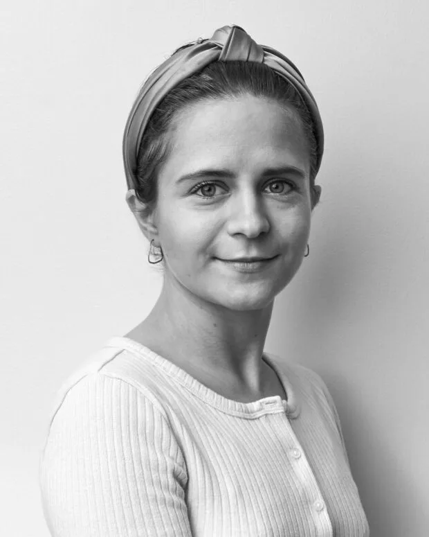 A black and white portrait of Gabi Lesch