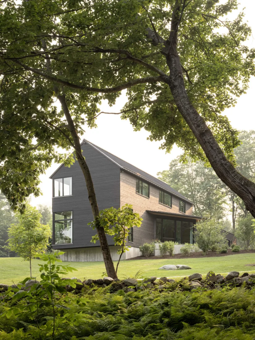 A modern two-story house designed by a Maine architect features dark siding and large windows, nestled in a lush, green landscape surrounded by trees and ferns.
