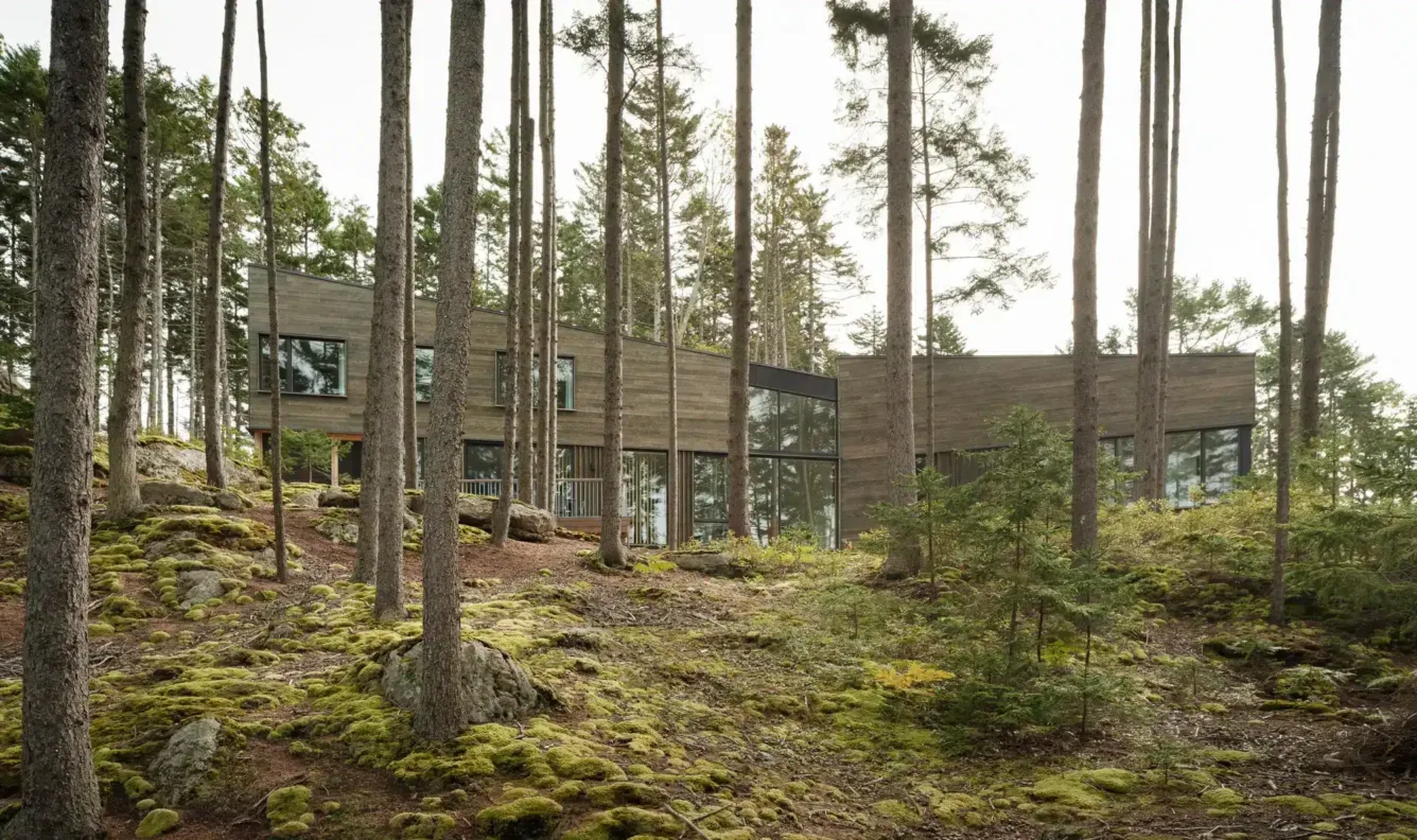 Pine Cove by Woodhull Architects, with dark wood siding and large windows, nestled in a forest of tall pines and moss-covered rocks