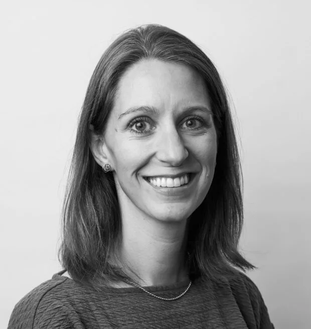 A black and white portrait of Jen Horton
