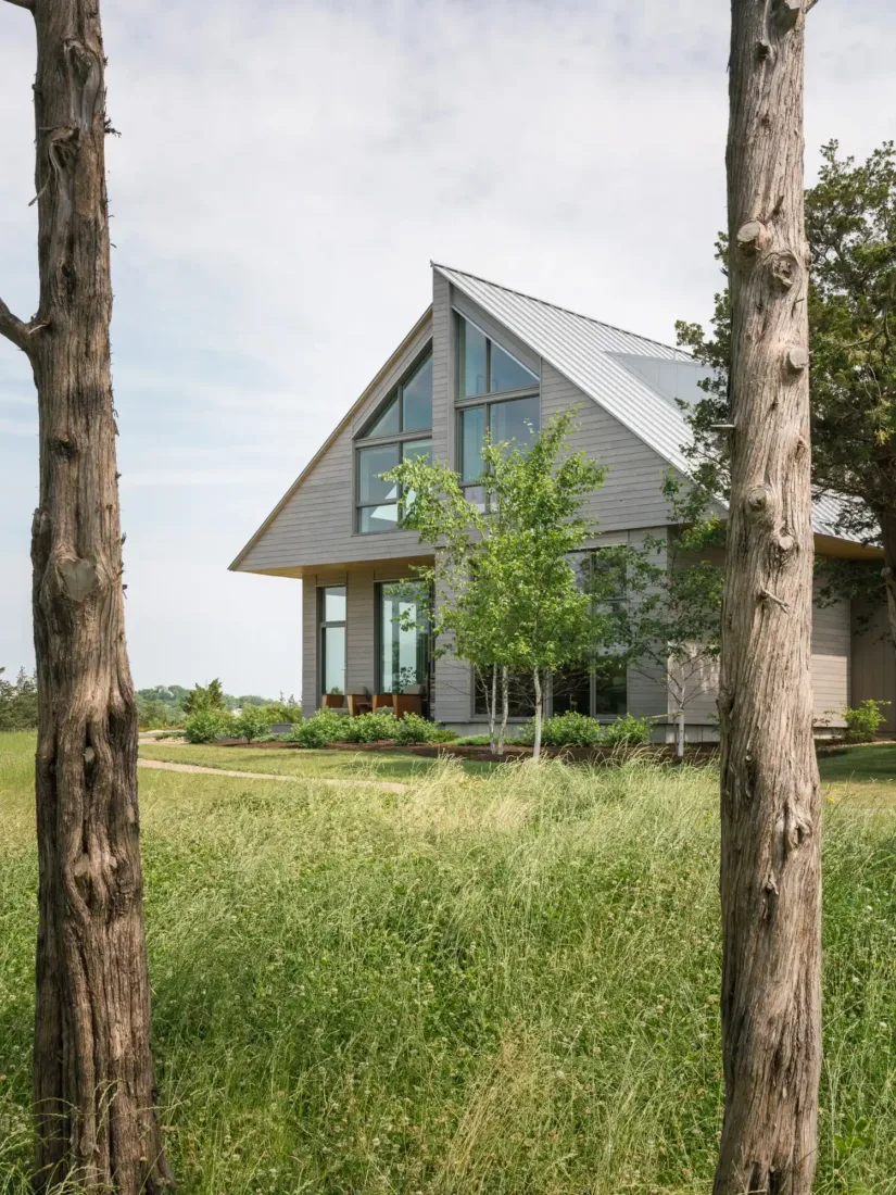Makers Marsh, designed by Woodhull Architects, with large triangular windows and a metal roof, surrounded by tall grass and framed by two tree trunks.