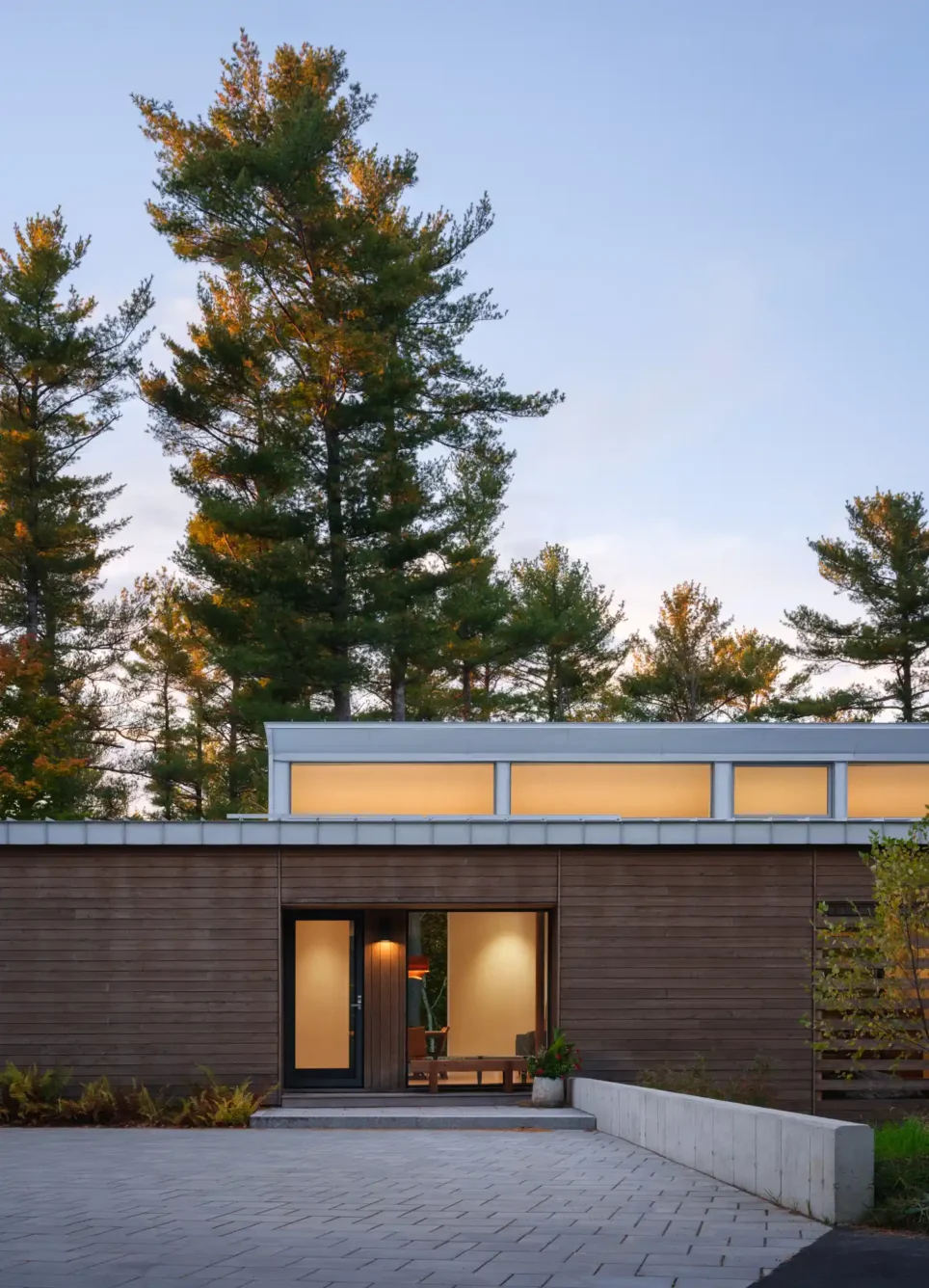 The entrance of a modern Maine home showcasing natural horizontal siding, a gray stone driveway, and tall trees in the background. The exterior blends seamlessly with the wooded surroundings, creating a private and welcoming retreat.