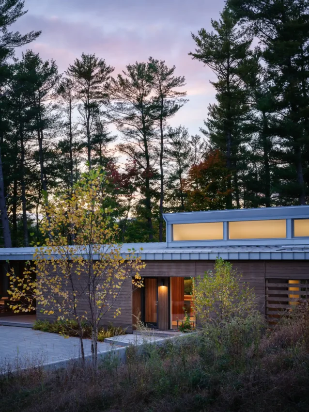 A contemporary home’s facade from an angled perspective, highlighting wood siding, lush landscaping, and a gray stone driveway. The home’s large windows and clean lines reflect its modern yet nature-inspired architectural style.