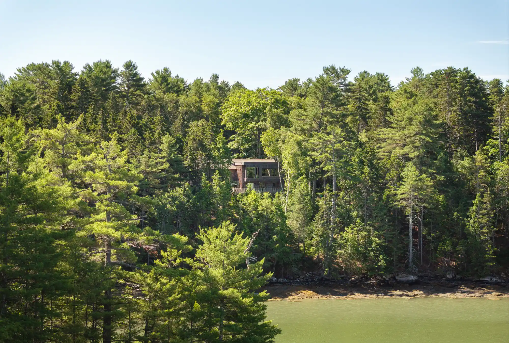 Aerial view of River View home surrounded by dense forest in Walpole, Maine