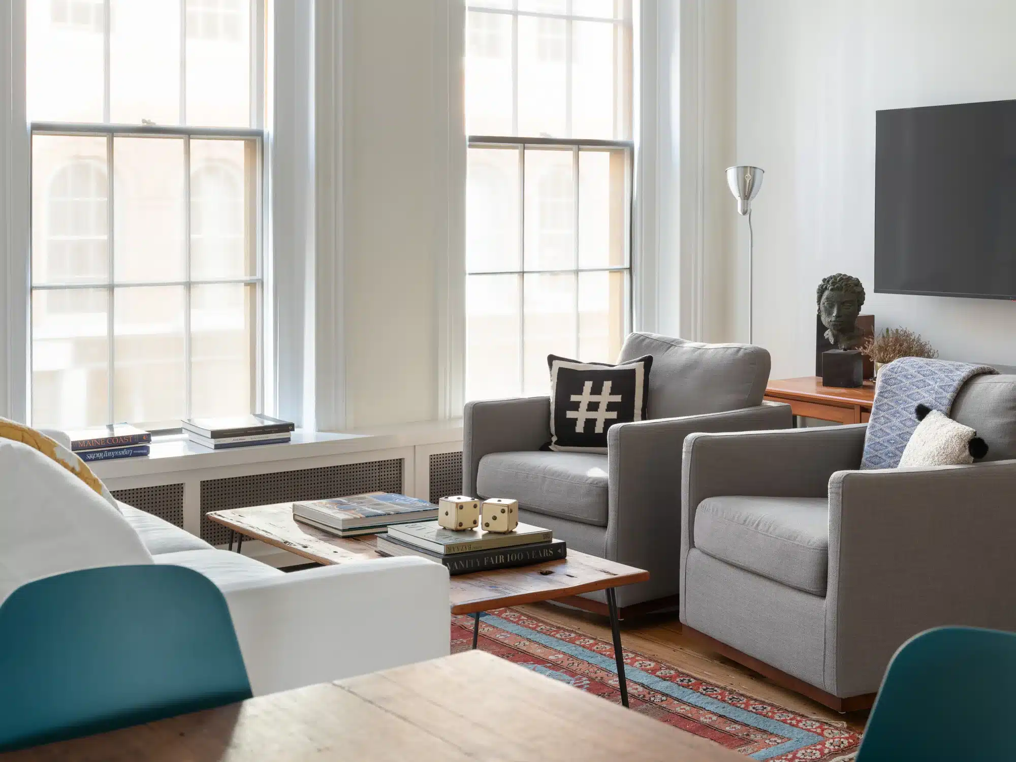 Living room with interior design and architecture by Woodhull Maine