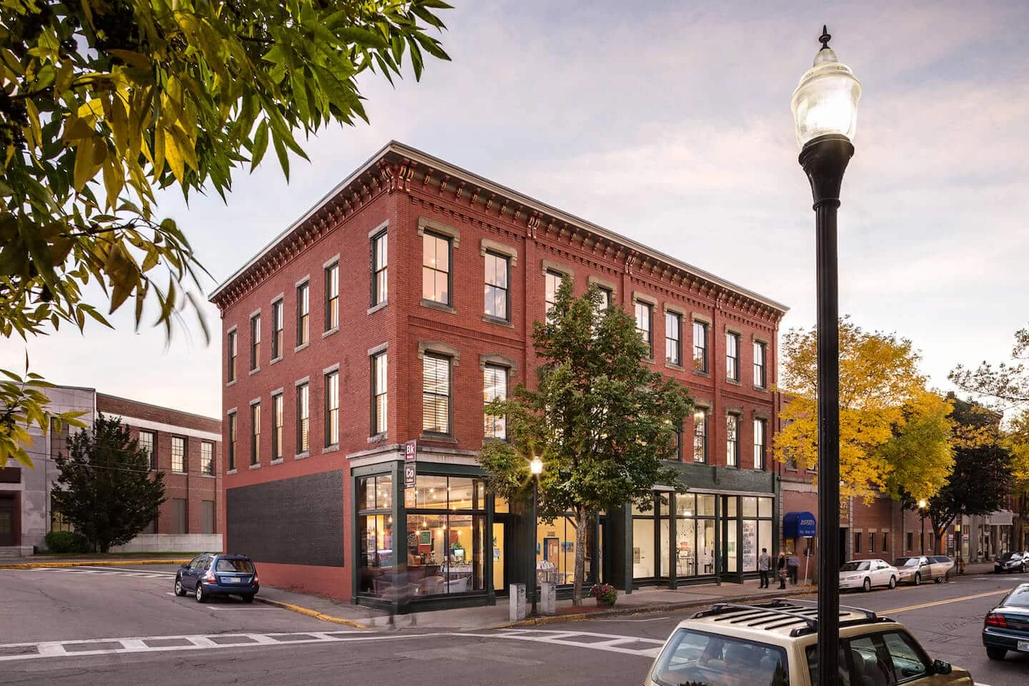 Exterior of a brick building in Portland, Maine whose interior was designed and constructed by Woodhull.