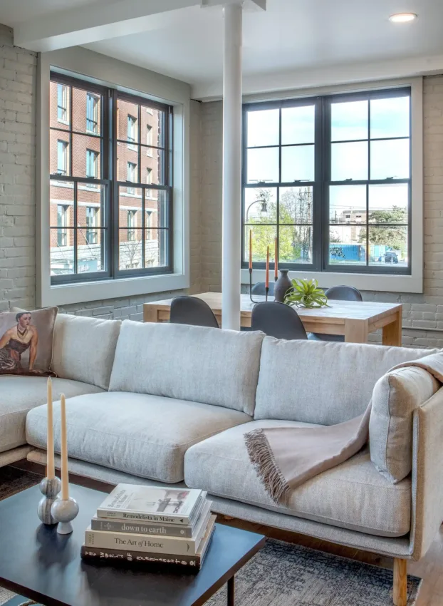 A modern living room at the Weldon Hotel in Portland, Maine