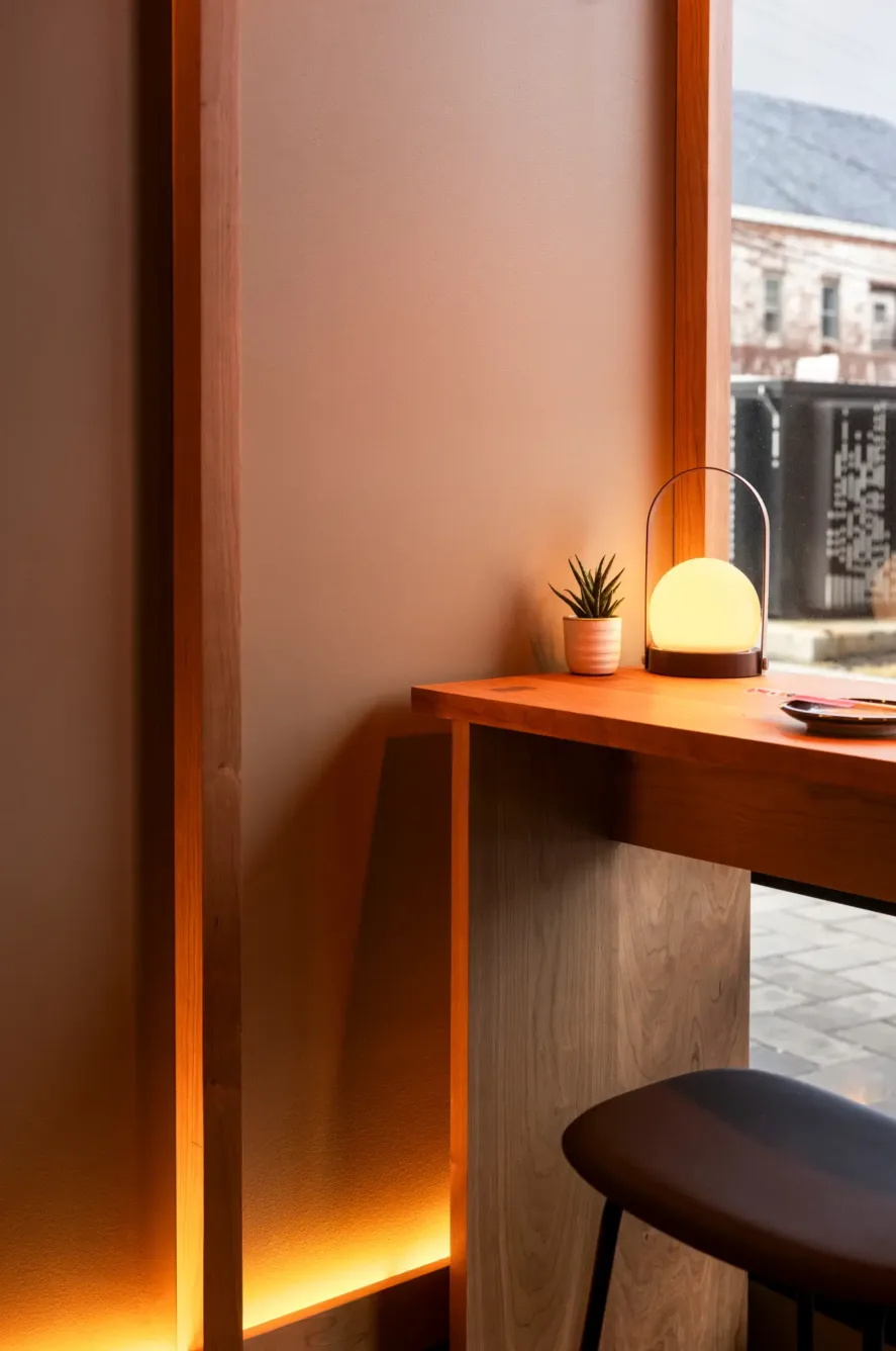 A minimalist wooden desk with a glowing round lamp, a small potted plant, and a chair beside a window with soft, warm lighting.