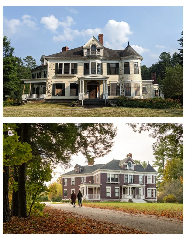 Top: An old, weathered Victorian house with peeling paint. Bottom: The same house renovated, freshly painted, with two people walking on a leaf-strewn path in front.