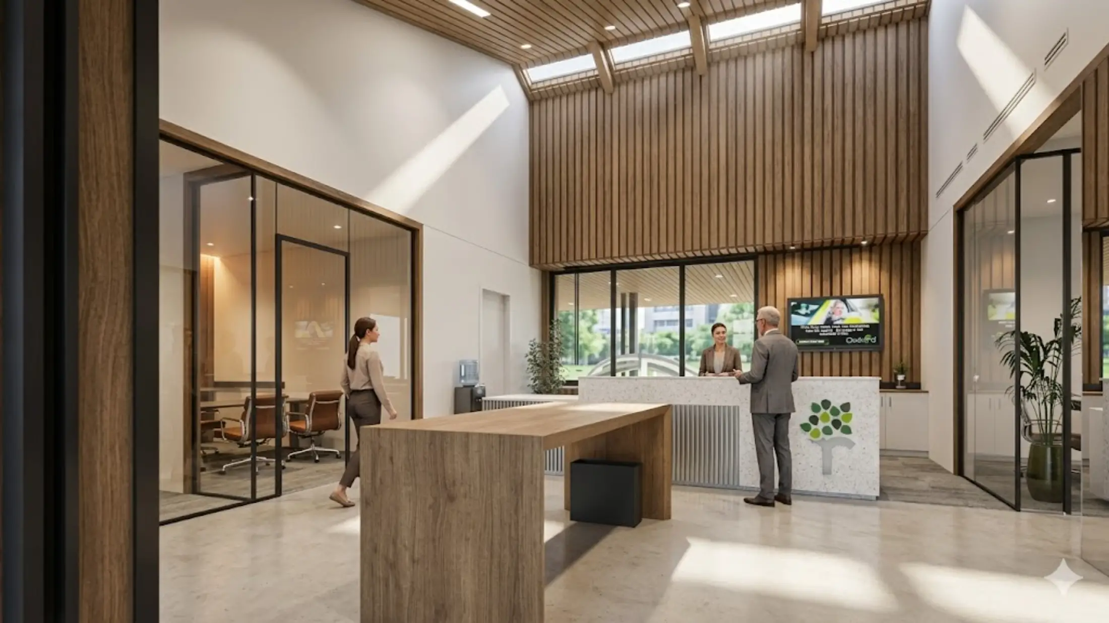 Modern office lobby with wood accents, skylights, a reception desk, two people talking to the receptionist, and a woman walking past a meeting room with glass walls.