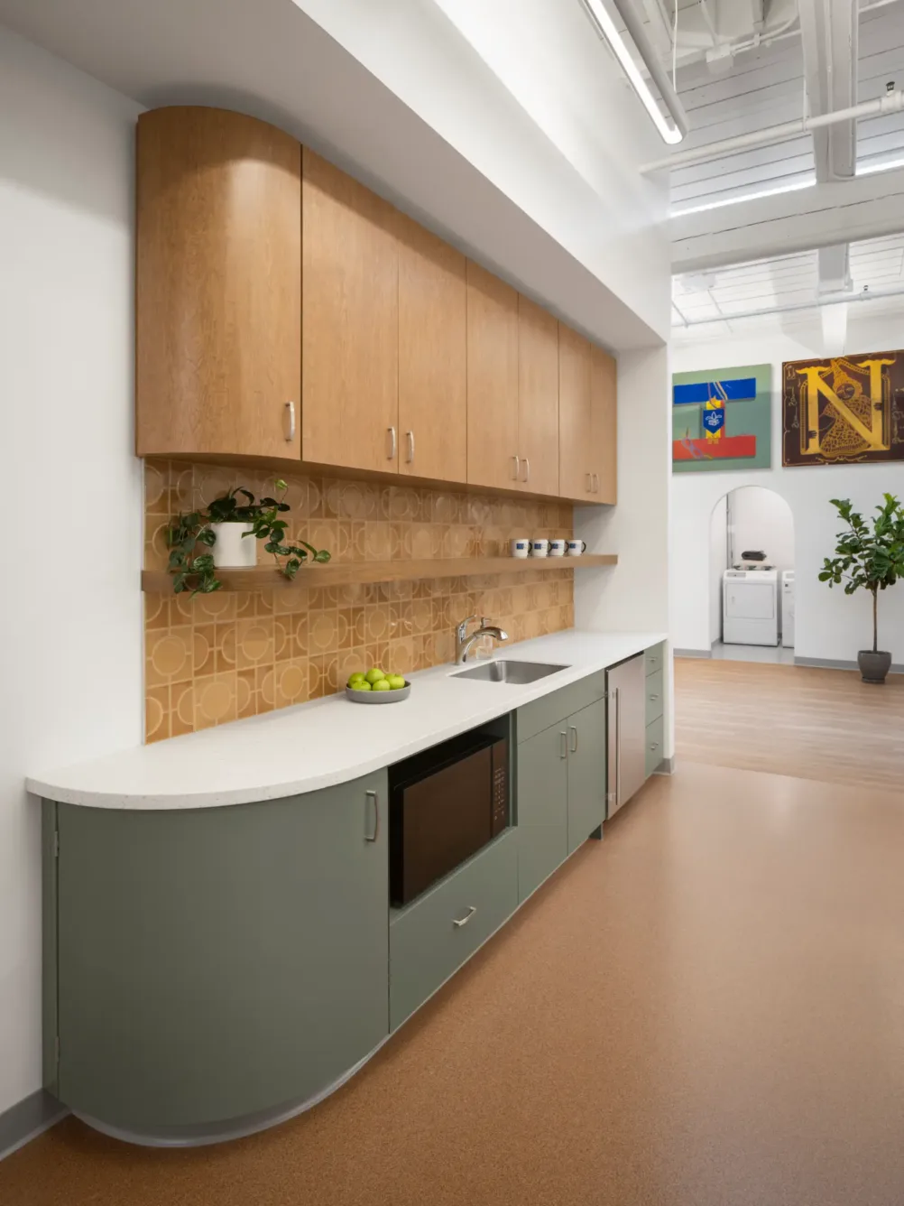 Modern kitchen with green and wood cabinets, a microwave, sink, plants, cups on a shelf, geometric backsplash, and two flags on the back wall.