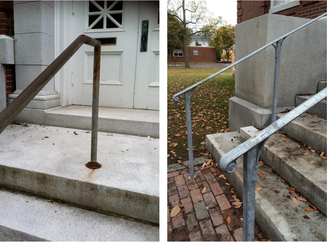 Side-by-side photos comparing old rusted railing and a new, code-compliant metal railing at a building entrance.