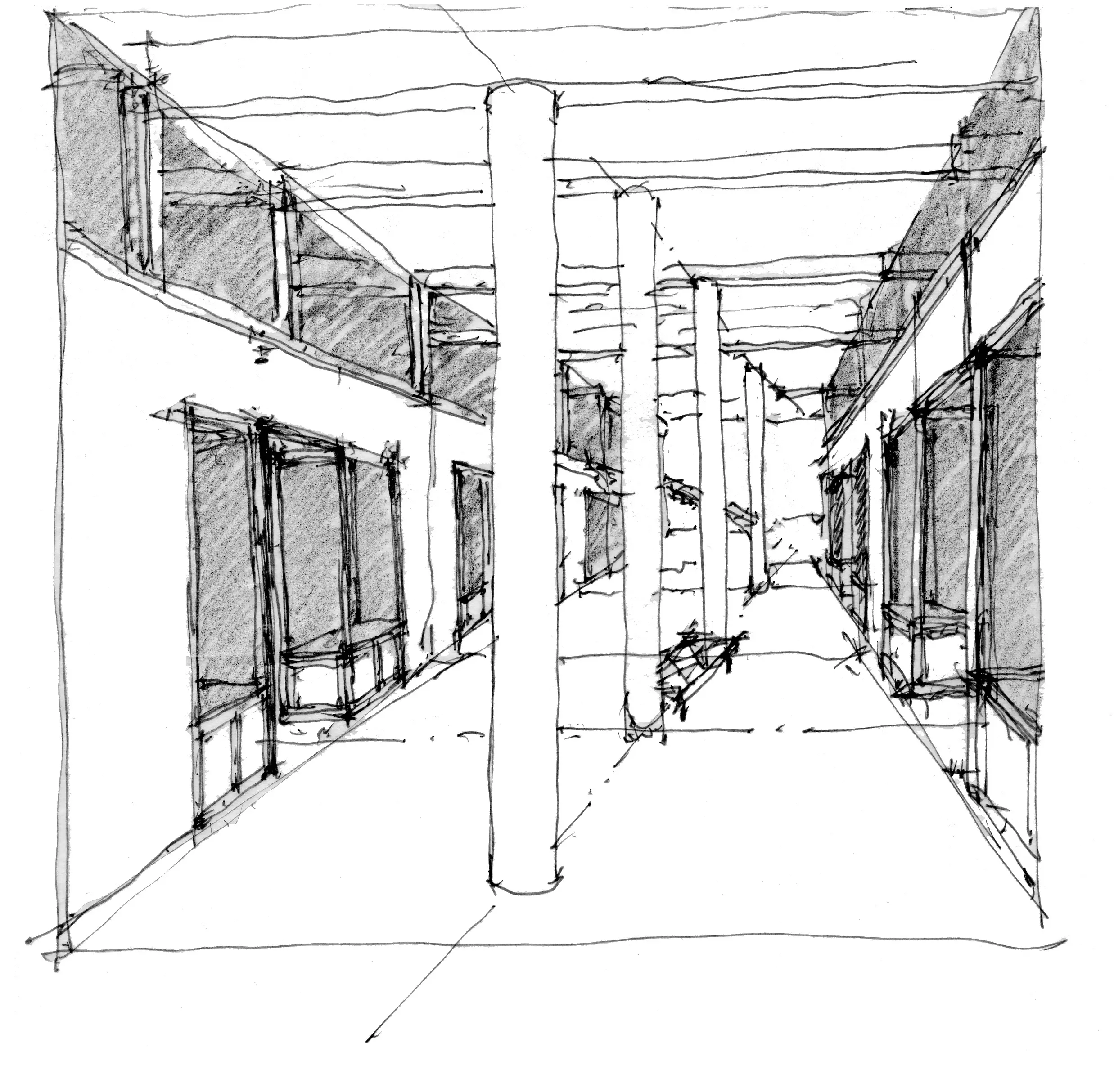 A pencil sketch of an interior corridor featuring a row of structural columns and storefront-style windows on either side.