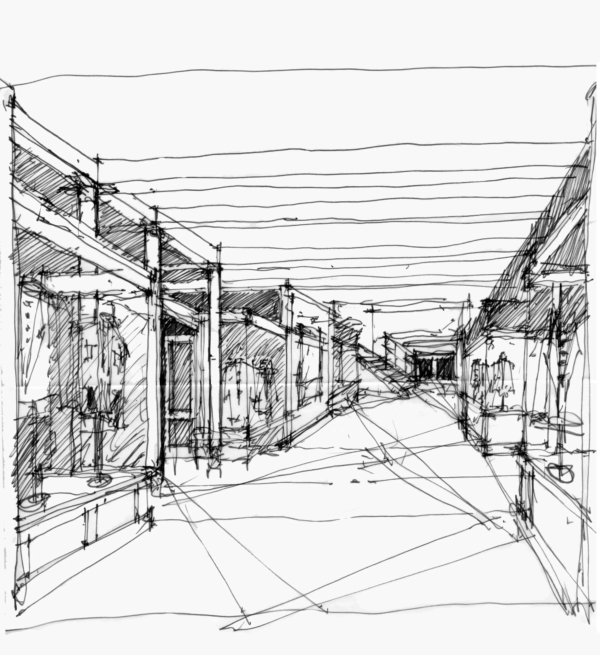 Pencil perspective sketch of a long interior corridor lined with storefronts and structural columns.
