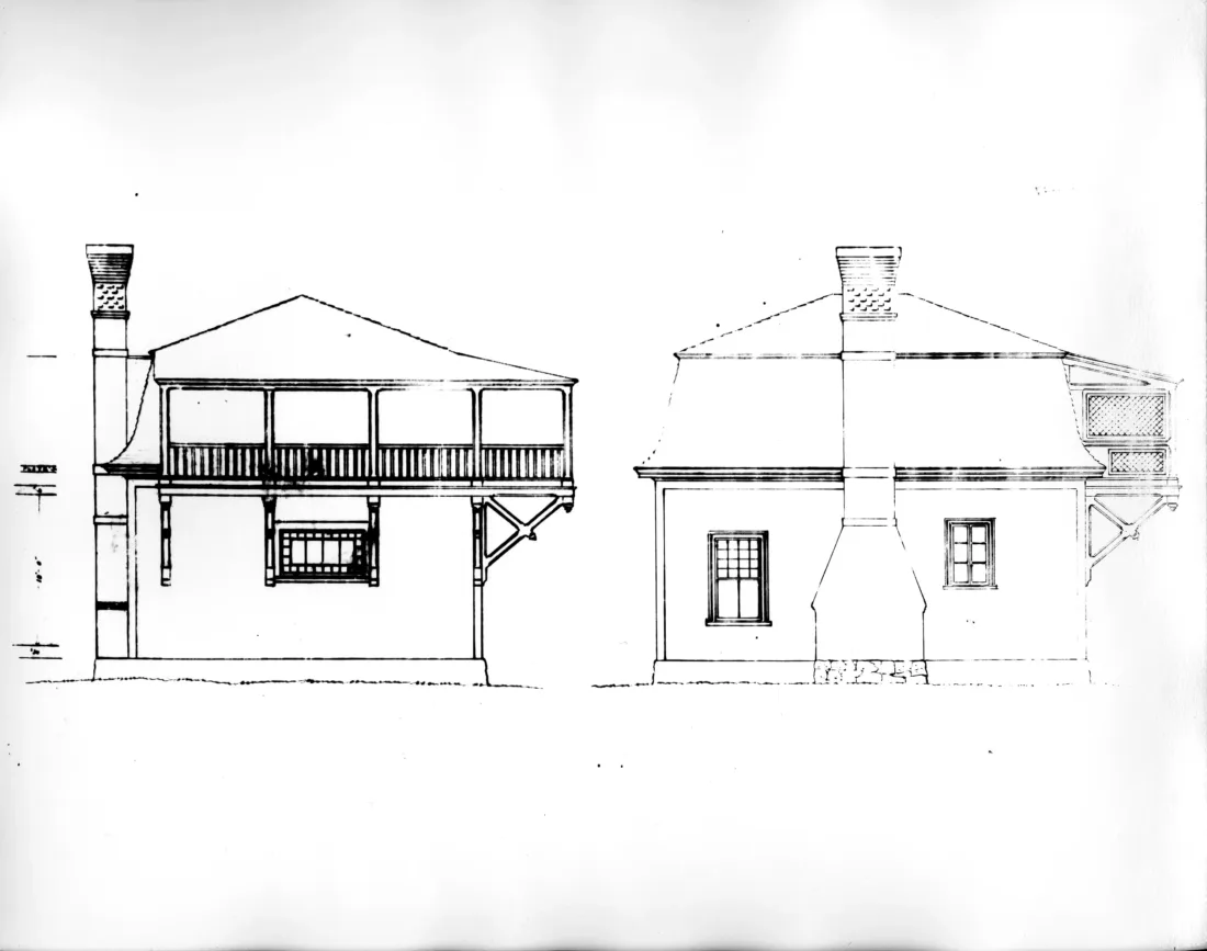 Historic elevation drawings of the studio showing the second-story balcony and the brick chimney.