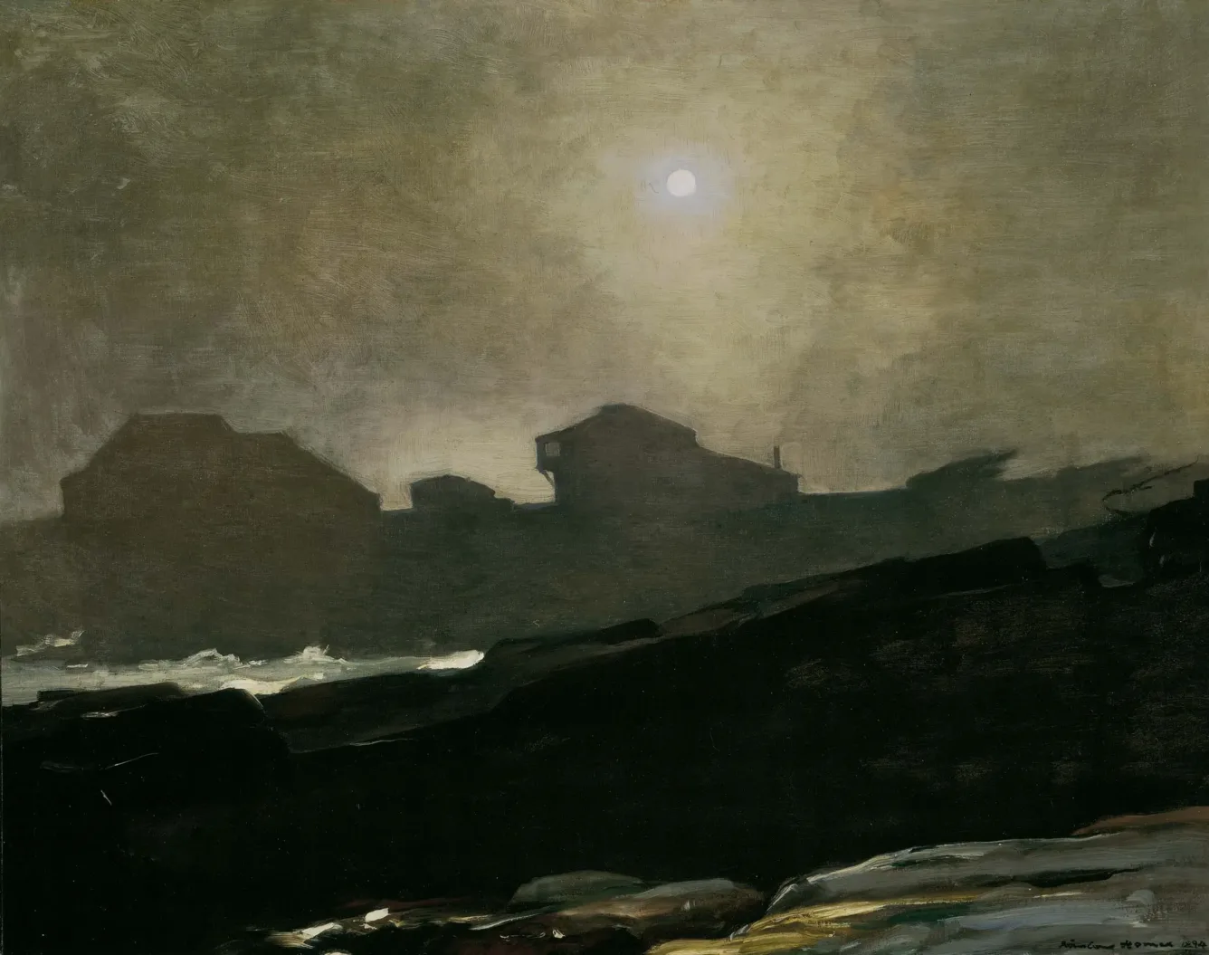 A dark, moonlit painting of rocky shoreline and buildings. 
